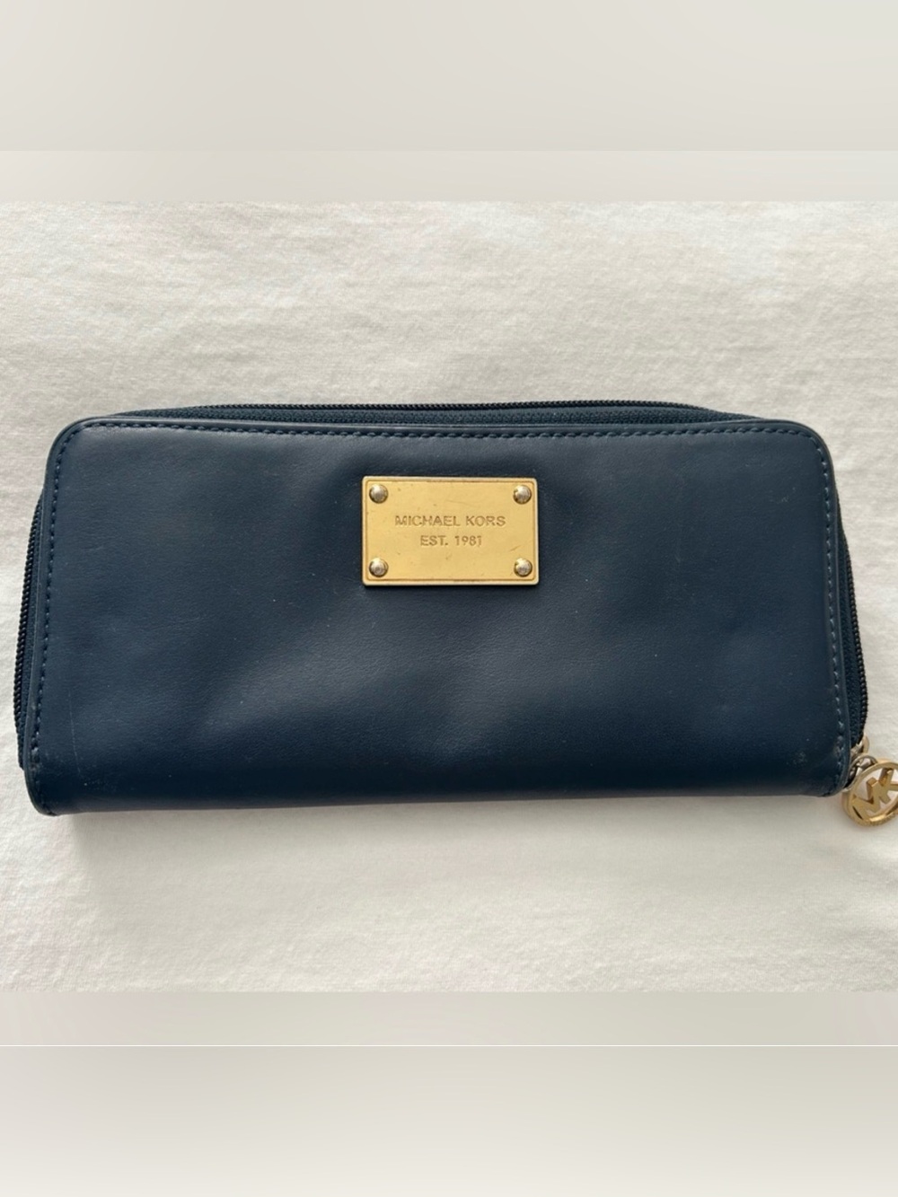 Michael Kors Navy Leather Zip-Around Wallet with Gold Plaque